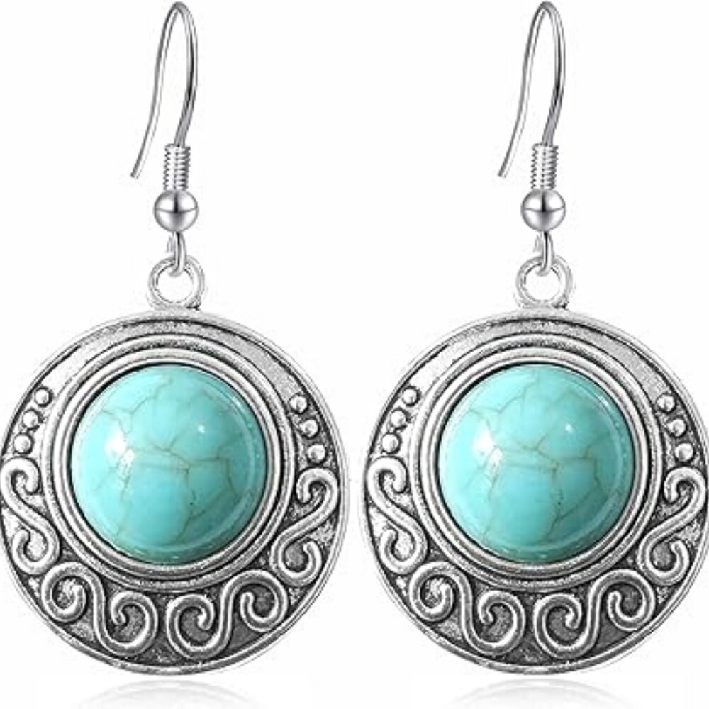 Boho Jewelry Retro Silver Hollow Round Flower‎ Turquoise Dangle Circle Earrings